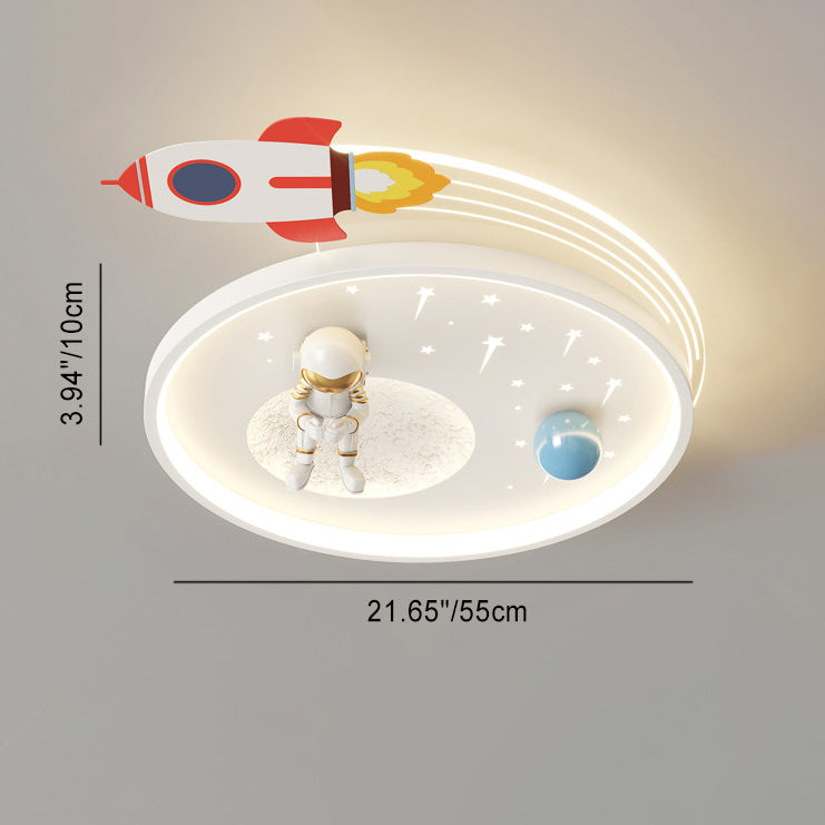 Modern Art Deco Kids Acrylic Metal Round Cloud Rocket Astronaut LED Flush Mount Ceiling Light Bedroom Nursery Decor Space Theme Childrens Lighting Fixture Ceiling Lamp Playroom Decor Starry Night Interior Design