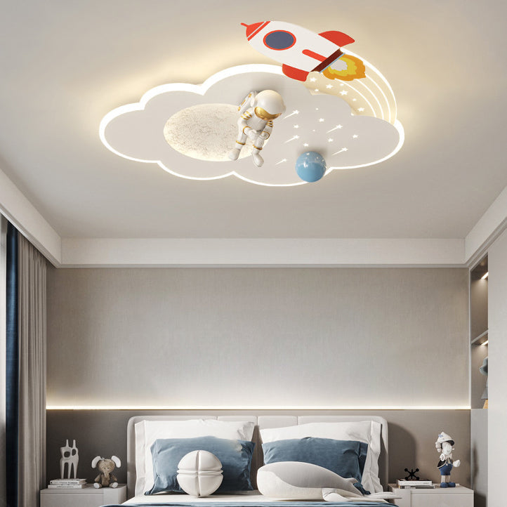 Modern Art Deco Kids Acrylic Metal Round Cloud Rocket Astronaut LED Flush Mount Ceiling Light Bedroom Nursery Decor Space Theme Childrens Lighting Fixture Ceiling Lamp Playroom Decor Starry Night Interior Design