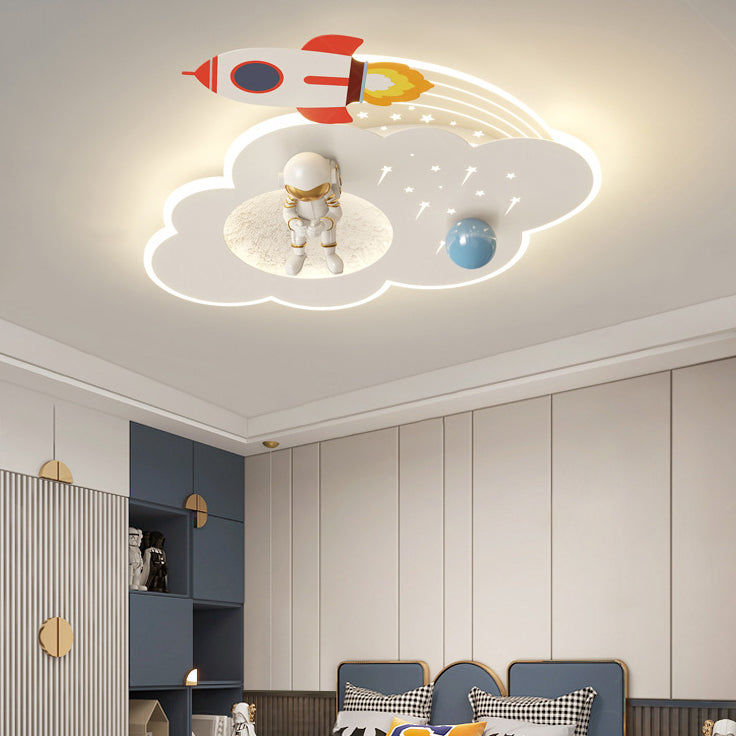 Modern Art Deco Kids Acrylic Metal Round Cloud Rocket Astronaut LED Flush Mount Ceiling Light Bedroom Nursery Decor Space Theme Childrens Lighting Fixture Ceiling Lamp Playroom Decor Starry Night Interior Design