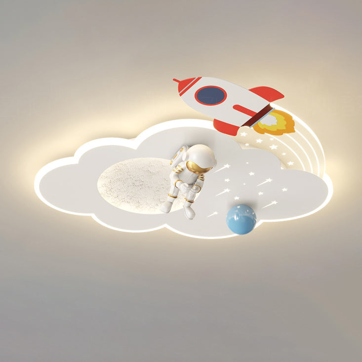 Modern Art Deco Kids Acrylic Metal Round Cloud Rocket Astronaut LED Flush Mount Ceiling Light Bedroom Nursery Decor Space Theme Childrens Lighting Fixture Ceiling Lamp Playroom Decor Starry Night Interior Design