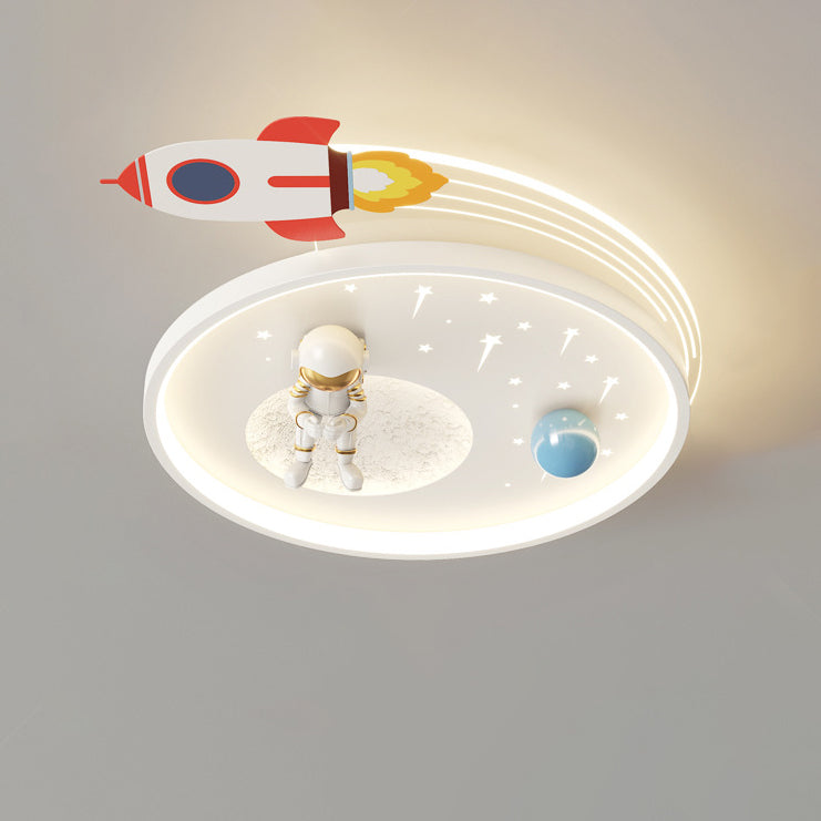 Modern Art Deco Kids Acrylic Metal Round Cloud Rocket Astronaut LED Flush Mount Ceiling Light Bedroom Nursery Decor Space Theme Childrens Lighting Fixture Ceiling Lamp Playroom Decor Starry Night Interior Design