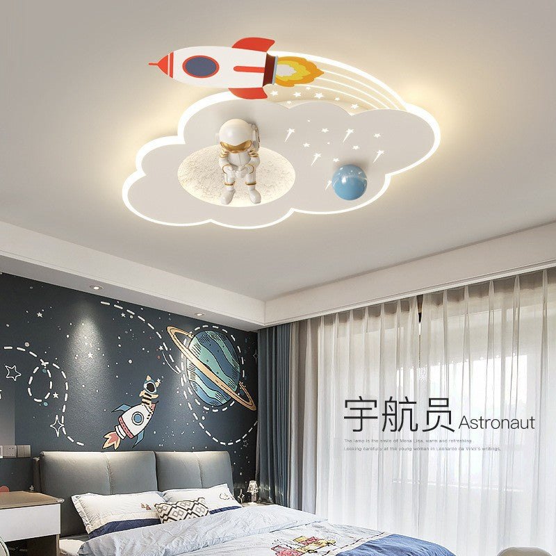 Modern Art Deco Kids Acrylic Metal Round Cloud Rocket Astronaut LED Flush Mount Ceiling Light Bedroom Nursery Decor Space Theme Childrens Lighting Fixture Ceiling Lamp Playroom Decor Starry Night Interior Design