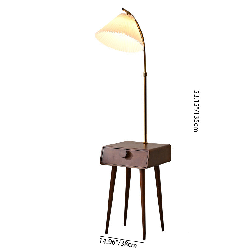 Traditional Japanese Fabric Wood Conic Pleated Round Shelf Floor Lamp - 1-Light Design for Living Room, Aesthetic Lighting, Home Decor, Asian-Inspired Style