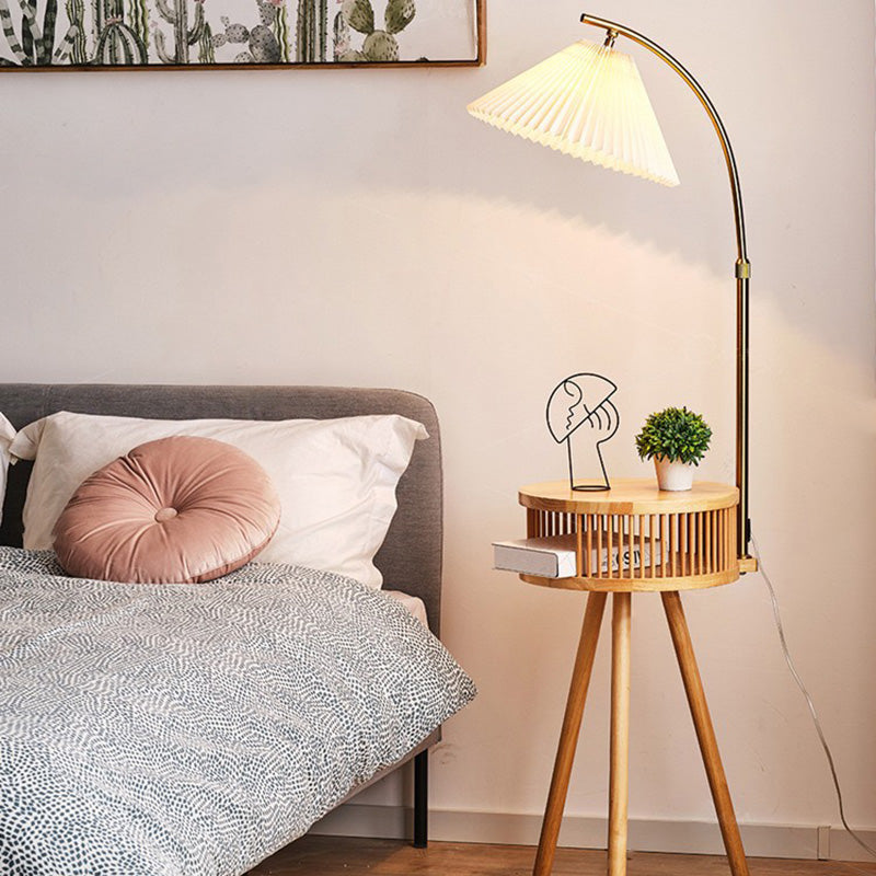 Traditional Japanese Fabric Wood Conic Pleated Round Shelf Floor Lamp - 1-Light Design for Living Room, Aesthetic Lighting, Home Decor, Asian-Inspired Style