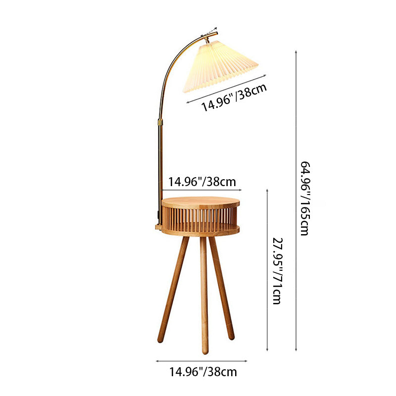 Traditional Japanese Fabric Wood Conic Pleated Round Shelf Floor Lamp - 1-Light Design for Living Room, Aesthetic Lighting, Home Decor, Asian-Inspired Style