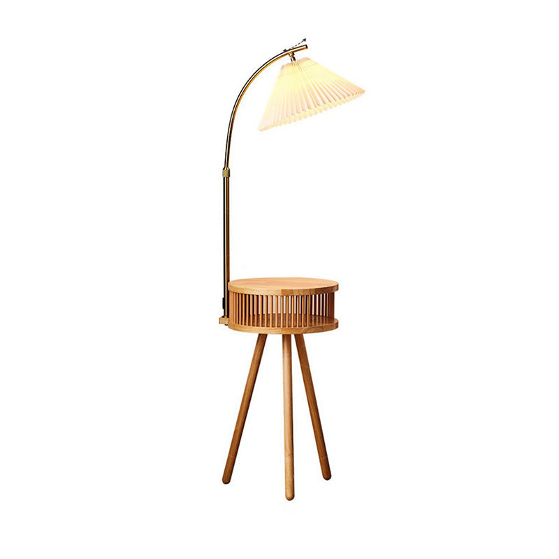 Traditional Japanese Fabric Wood Conic Pleated Round Shelf Floor Lamp - 1-Light Design for Living Room, Aesthetic Lighting, Home Decor, Asian-Inspired Style