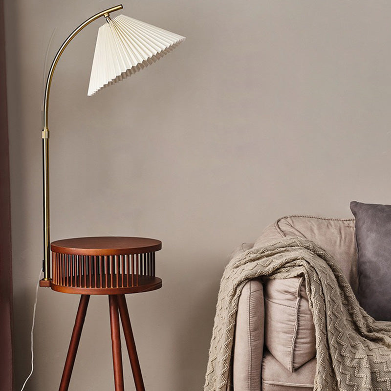 Traditional Japanese Fabric Wood Conic Pleated Round Shelf Floor Lamp - 1-Light Design for Living Room, Aesthetic Lighting, Home Decor, Asian-Inspired Style