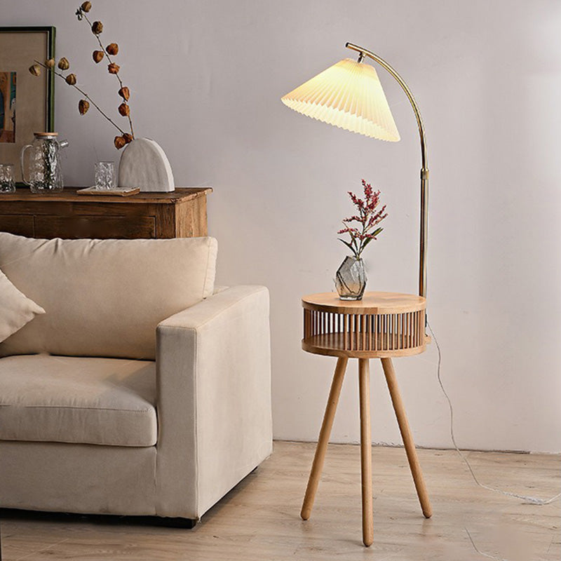 Traditional Japanese Fabric Wood Conic Pleated Round Shelf Floor Lamp - 1-Light Design for Living Room, Aesthetic Lighting, Home Decor, Asian-Inspired Style