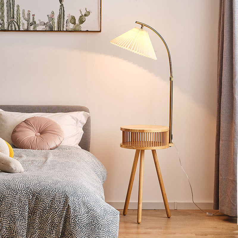 Traditional Japanese Fabric Wood Conic Pleated Round Shelf Floor Lamp - 1-Light Design for Living Room, Aesthetic Lighting, Home Decor, Asian-Inspired Style
