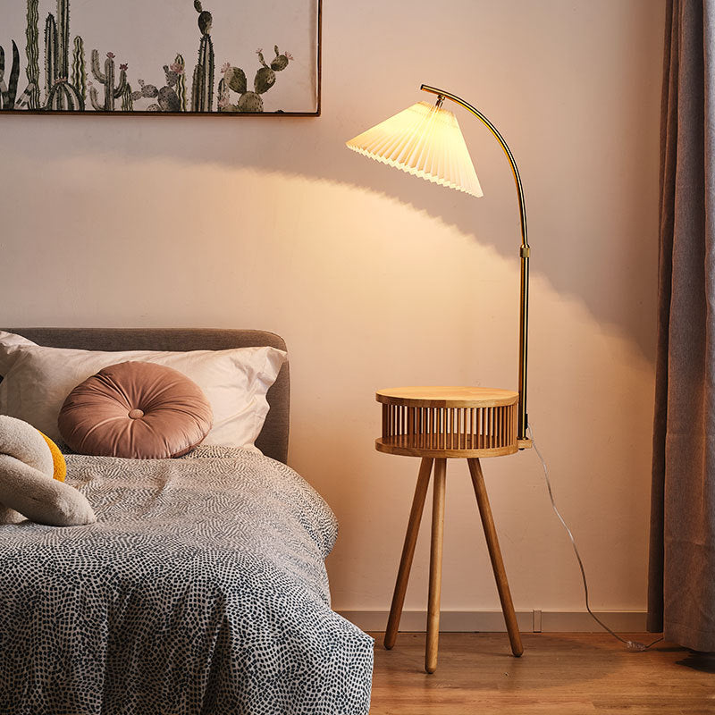 Traditional Japanese Fabric Wood Conic Pleated Round Shelf Floor Lamp - 1-Light Design for Living Room, Aesthetic Lighting, Home Decor, Asian-Inspired Style