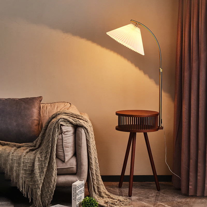 Traditional Japanese Fabric Wood Conic Pleated Round Shelf Floor Lamp - 1-Light Design for Living Room, Aesthetic Lighting, Home Decor, Asian-Inspired Style