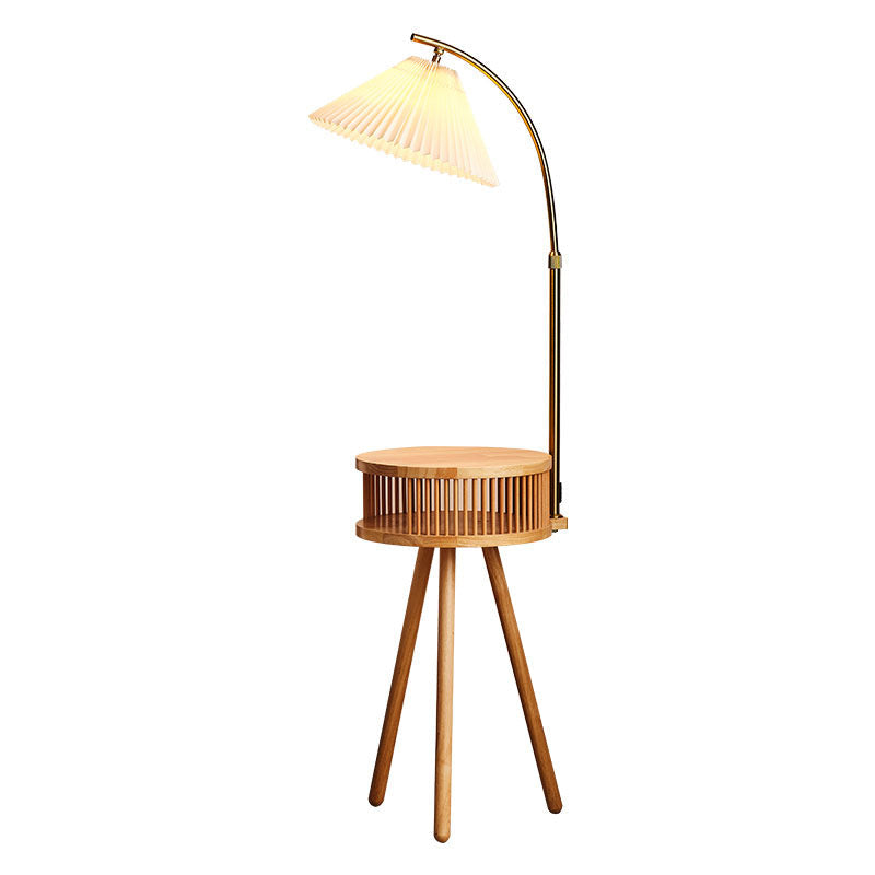 Traditional Japanese Fabric Wood Conic Pleated Round Shelf Floor Lamp - 1-Light Design for Living Room, Aesthetic Lighting, Home Decor, Asian-Inspired Style