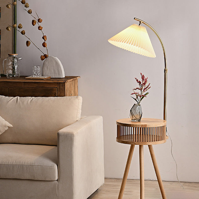 Traditional Japanese Fabric Wood Conic Pleated Round Shelf Floor Lamp - 1-Light Design for Living Room, Aesthetic Lighting, Home Decor, Asian-Inspired Style