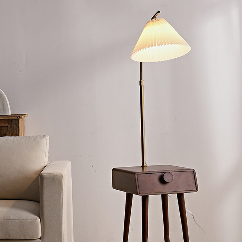 Traditional Japanese Fabric Wood Conic Pleated Round Shelf Floor Lamp - 1-Light Design for Living Room, Aesthetic Lighting, Home Decor, Asian-Inspired Style
