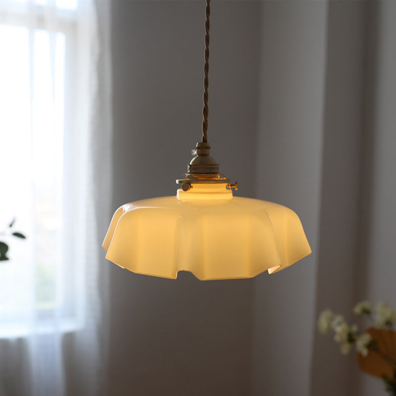 Traditional French Brass Pendant Light - Round Folded 1-Light Bedside Fixture