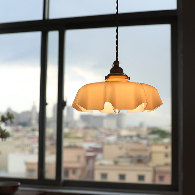 Traditional French Brass Pendant Light - Round Folded 1-Light Bedside Fixture
