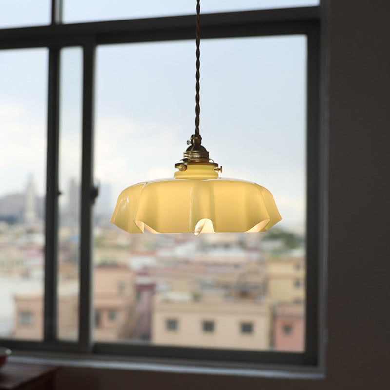 Traditional French Brass Pendant Light - Round Folded 1-Light Bedside Fixture