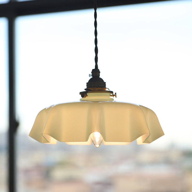 Traditional French Brass Pendant Light - Round Folded 1-Light Bedside Fixture