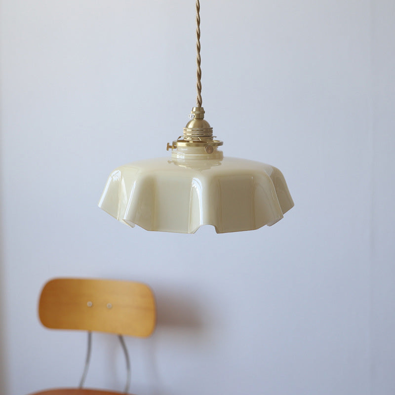 Traditional French Brass Pendant Light - Round Folded 1-Light Bedside Fixture