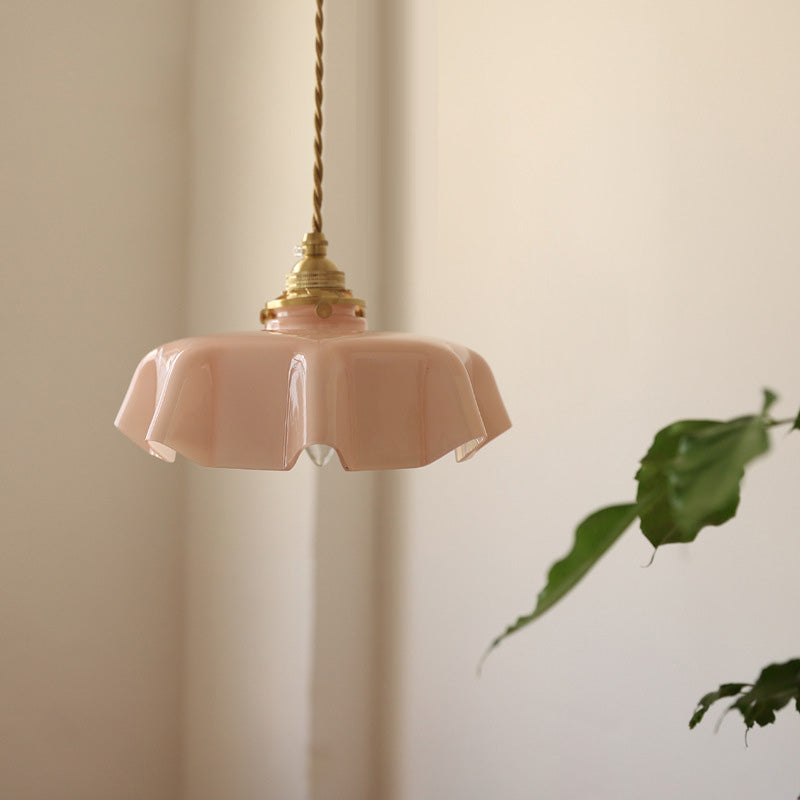 Traditional French Brass Pendant Light - Round Folded 1-Light Bedside Fixture
