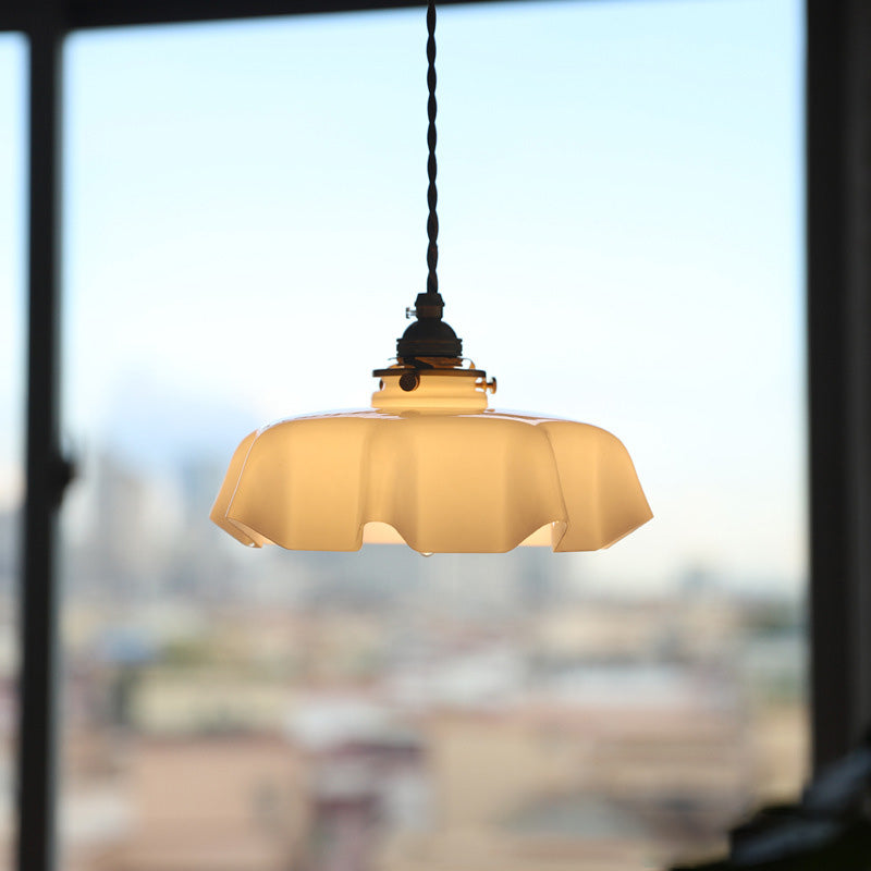 Traditional French Brass Pendant Light - Round Folded 1-Light Bedside Fixture