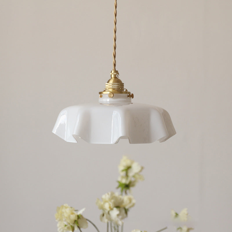 Traditional French Brass Pendant Light - Round Folded 1-Light Bedside Fixture