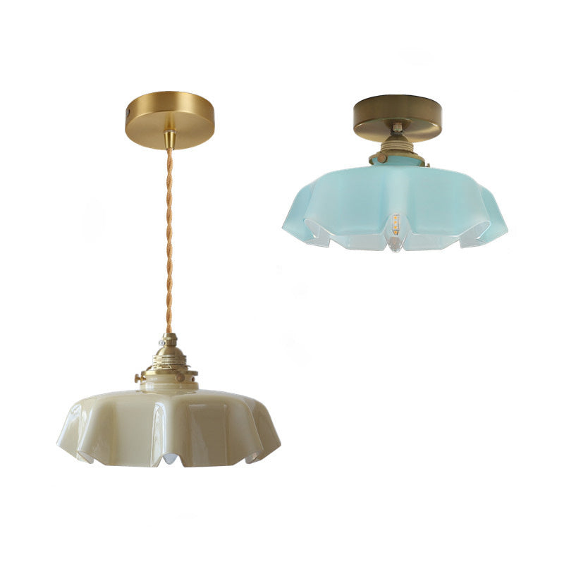 Traditional French Brass Pendant Light - Round Folded 1-Light Bedside Fixture