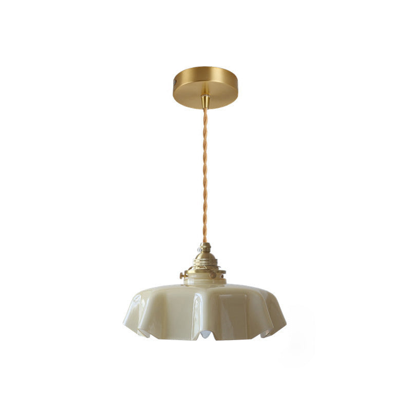 Traditional French Brass Pendant Light - Round Folded 1-Light Bedside Fixture