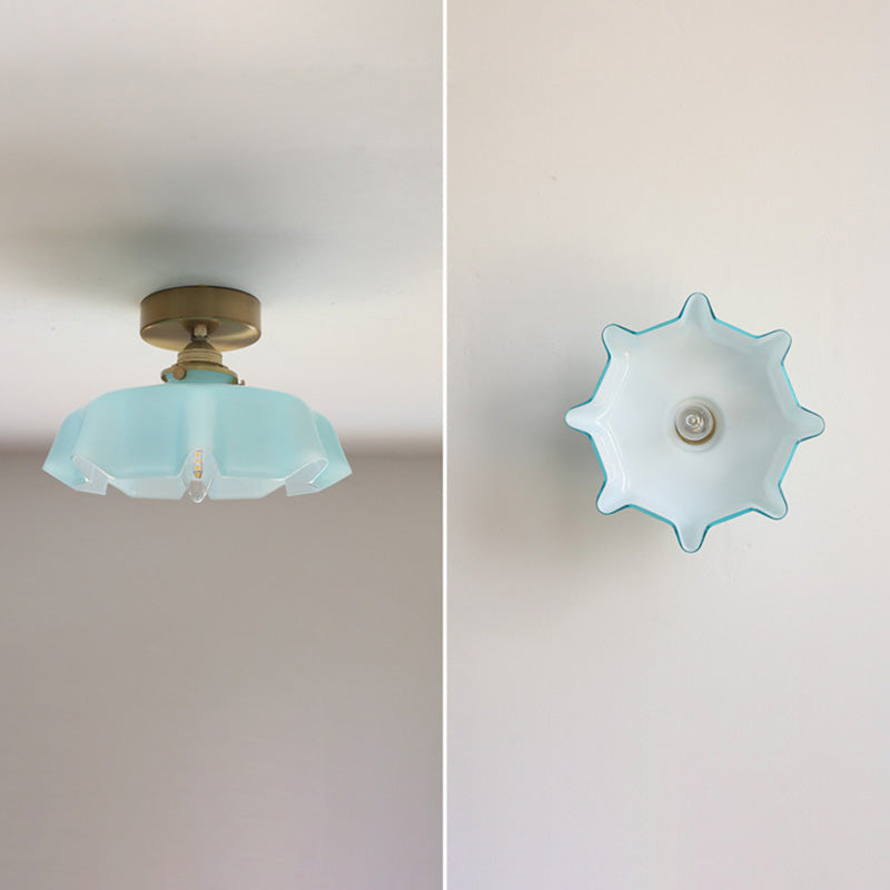Traditional French Brass Glass Iron Round Semi-Flush Mount Ceiling Light for Hallway