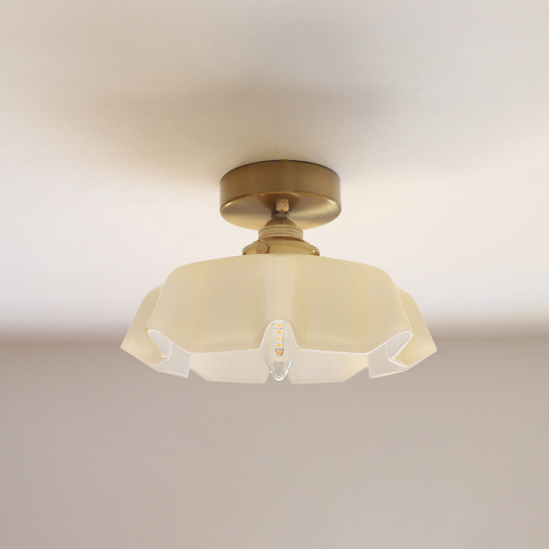Traditional French Brass Glass Iron Round Semi-Flush Mount Ceiling Light for Hallway