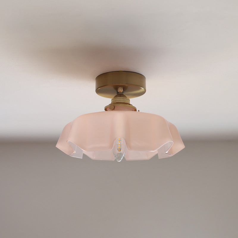 Traditional French Brass Glass Iron Round Semi-Flush Mount Ceiling Light for Hallway