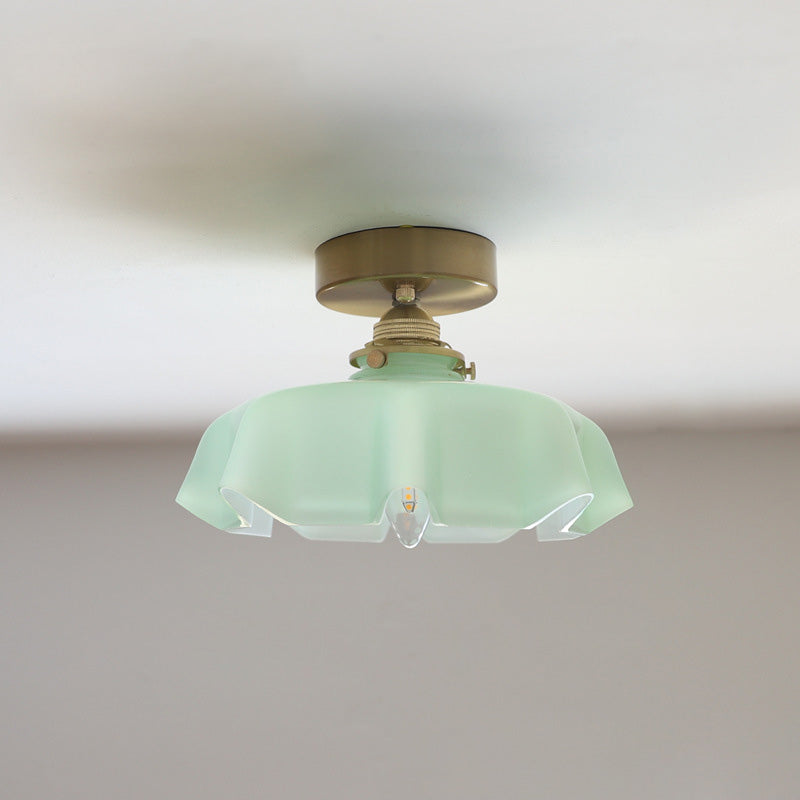 Traditional French Brass Glass Iron Round Semi-Flush Mount Ceiling Light for Hallway