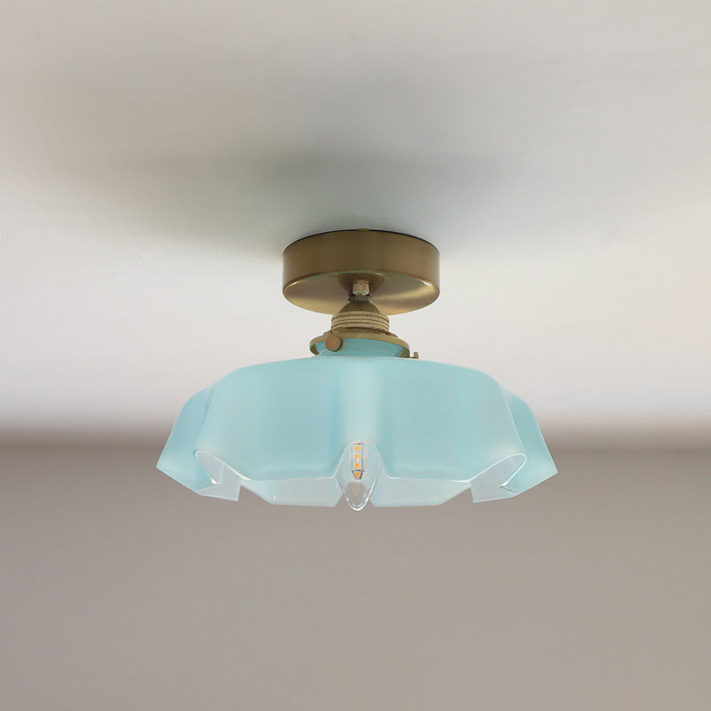 Traditional French Brass Glass Iron Round Semi-Flush Mount Ceiling Light for Hallway