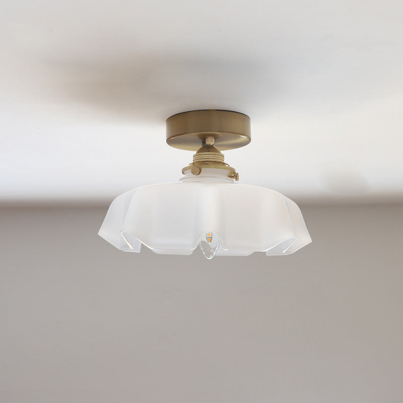 Traditional French Brass Glass Iron Round Semi-Flush Mount Ceiling Light for Hallway