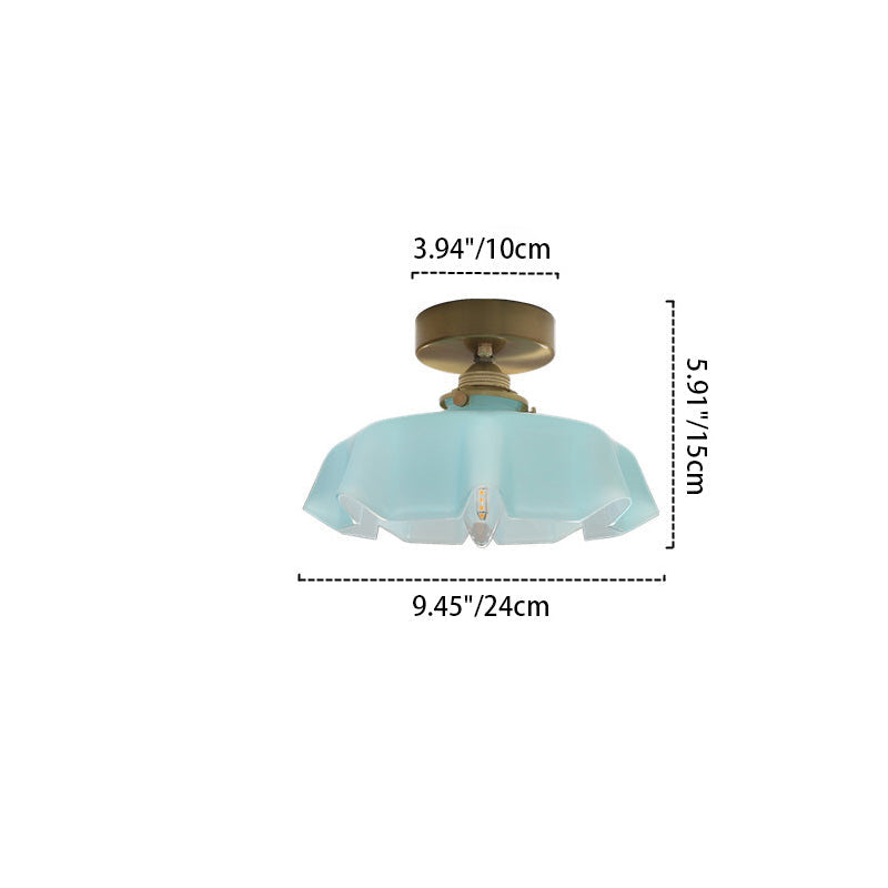 Traditional French Brass Glass Iron Round Folded Semi-Flush Ceiling Light for Hallway