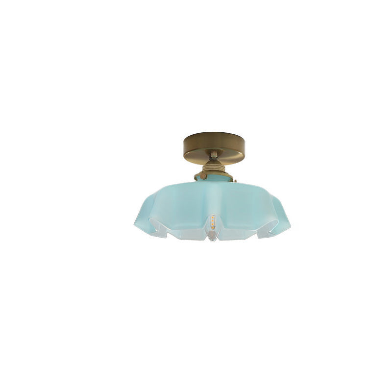 Traditional French Brass Glass Iron Round Semi-Flush Mount Ceiling Light for Hallway