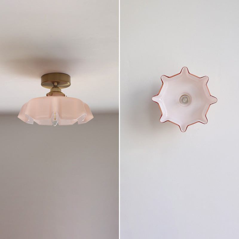 Traditional French Brass Glass Iron Round Folded Semi-Flush Ceiling Light for Hallway