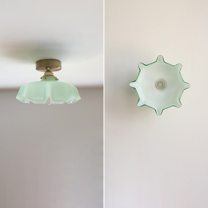 Traditional French Brass Glass Iron Round Semi-Flush Mount Ceiling Light for Hallway