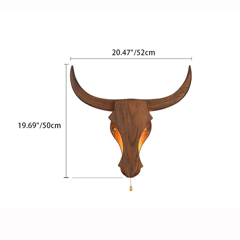 Rustic Solid Wood Cow Head LED Wall Sconce Lamp for Hallway Decor