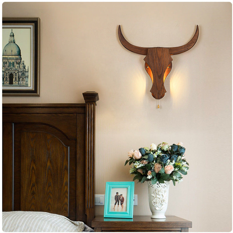 Rustic Solid Wood Cow Head LED Wall Sconce Lamp for Hallway Decor