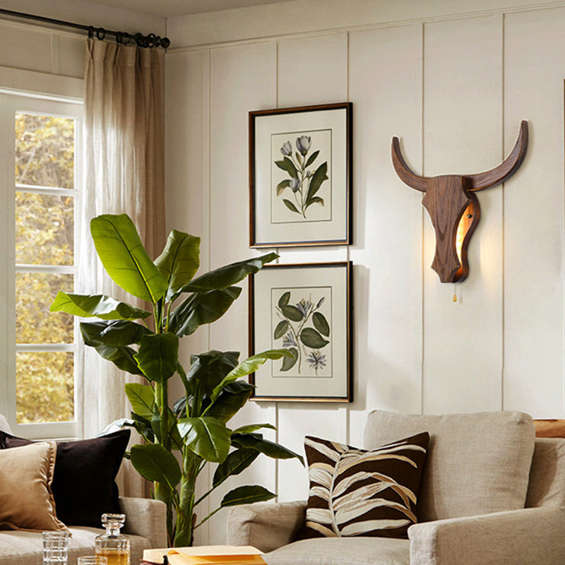 Rustic Solid Wood Cow Head LED Wall Sconce Lamp for Hallway Decor