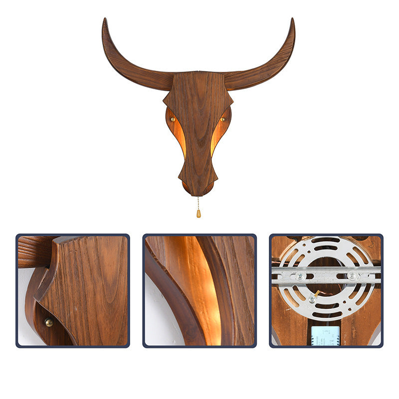Rustic Solid Wood Cow Head LED Wall Sconce Lamp for Hallway Decor
