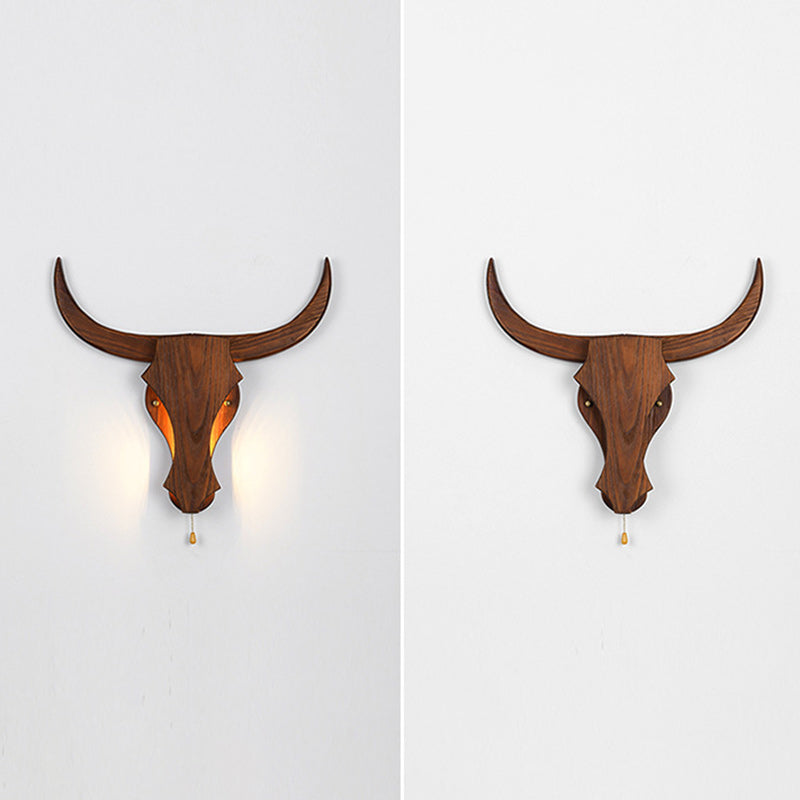 Rustic Solid Wood Cow Head LED Wall Sconce Lamp for Hallway Decor