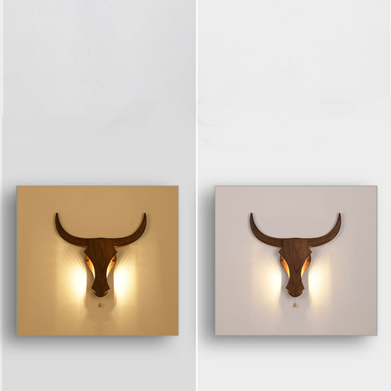 Rustic Solid Wood Cow Head LED Wall Sconce Lamp for Hallway Decor