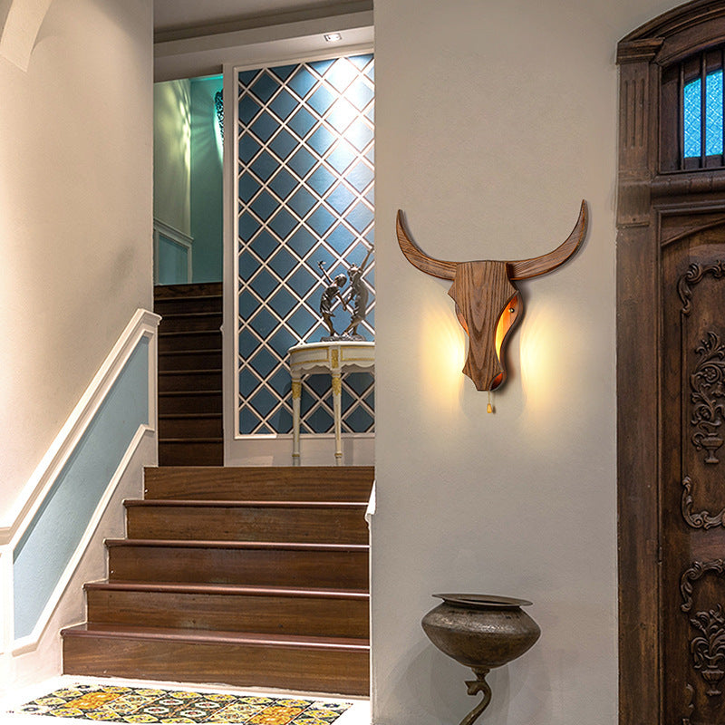 Rustic Solid Wood Cow Head LED Wall Sconce Lamp for Hallway Decor