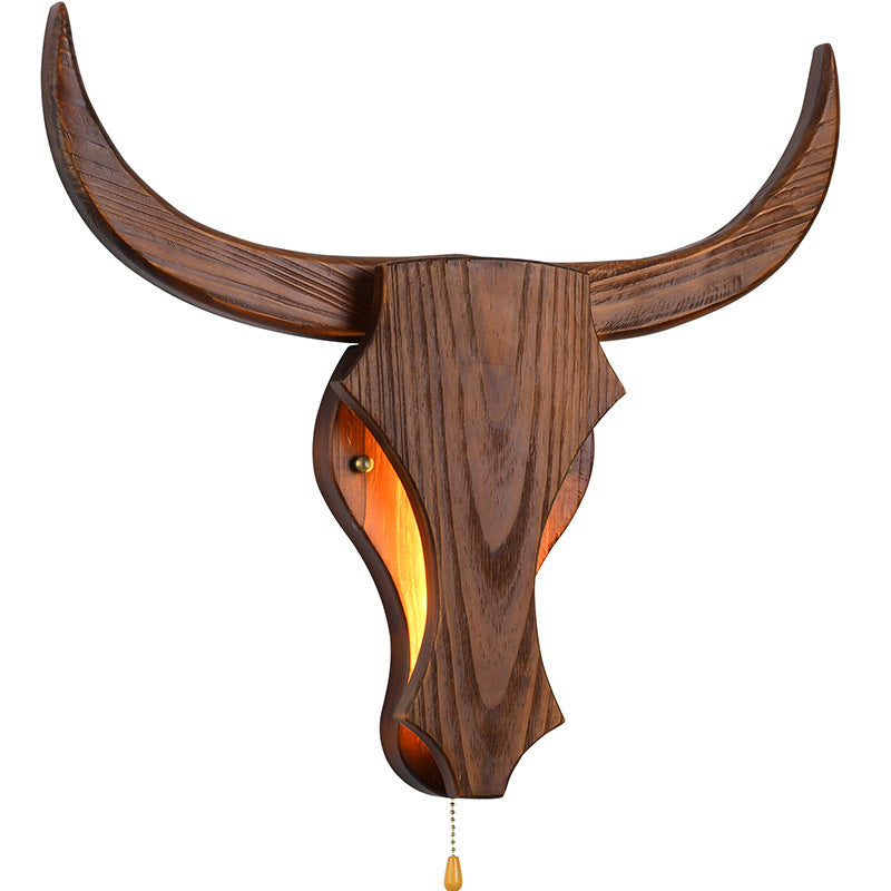 Rustic Solid Wood Cow Head LED Wall Sconce Lamp for Hallway Decor