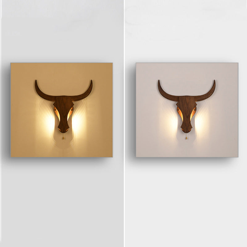 Rustic Solid Wood Cow Head LED Wall Sconce Lamp for Hallway Decor