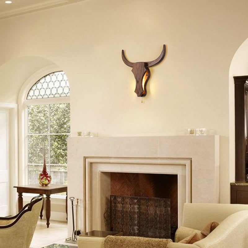 Rustic Solid Wood Cow Head LED Wall Sconce Lamp for Hallway Decor