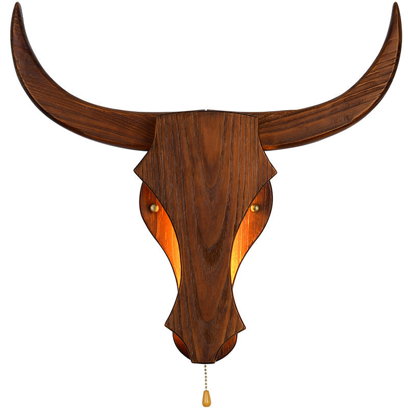 Rustic Solid Wood Cow Head LED Wall Sconce Lamp for Hallway Decor