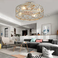 Contemporary Industrial Round Caged Metal 4-Light Semi-Flush Mount Ceiling Fan Light Living Room
